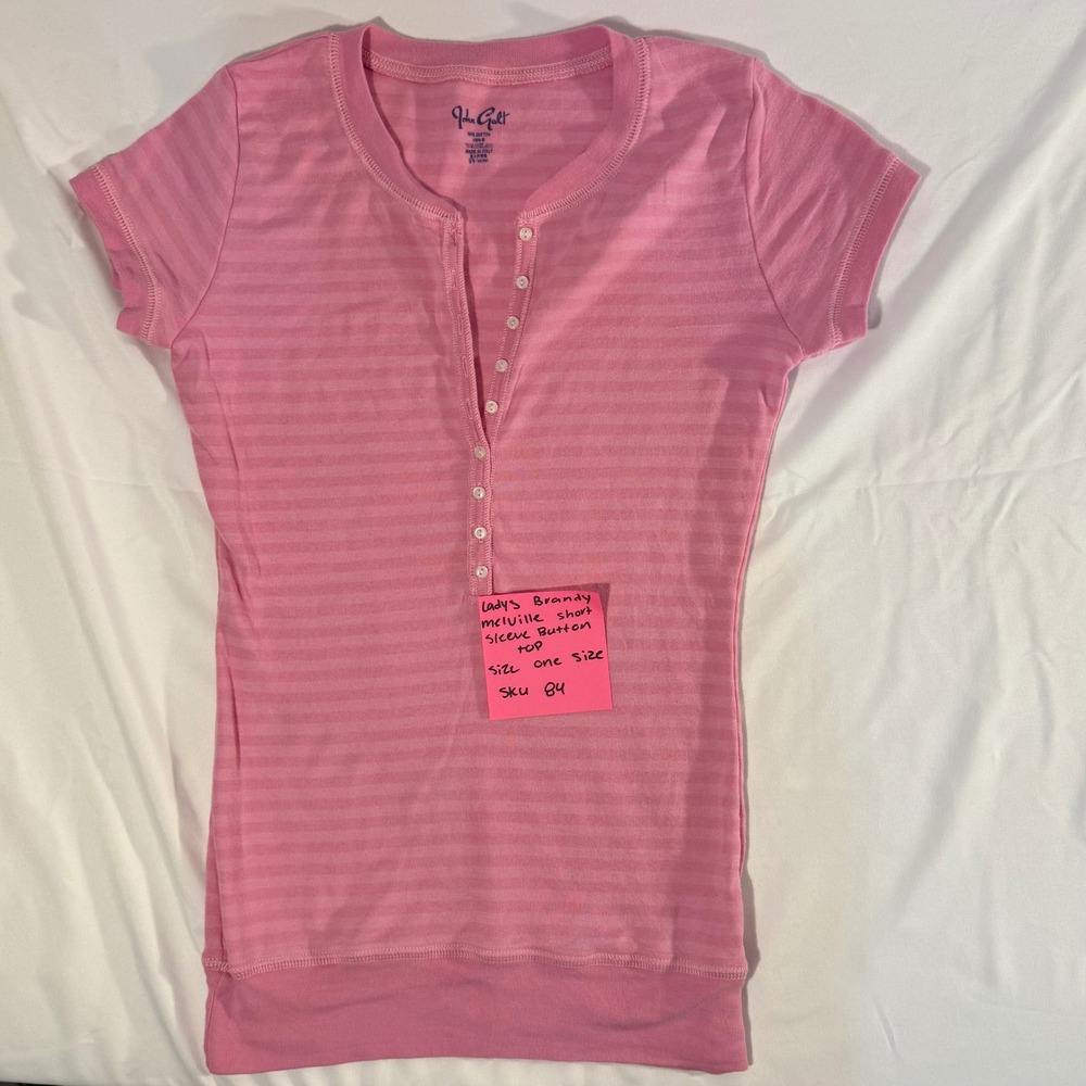 John Galt Brandy Melville Pink Striped Henley Short Sleeve Button Top One Size